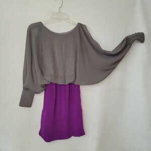 THML Dress Womens XS Grey‎ Purple Sheer Dolman Slit Buttoned Sleeve Lined Mini